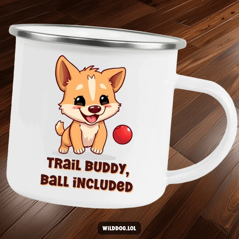 Funny camping mug featuring a wild dog happily bouncing a tiny red ball, ideal for outdoor breaks and energetic beverages.