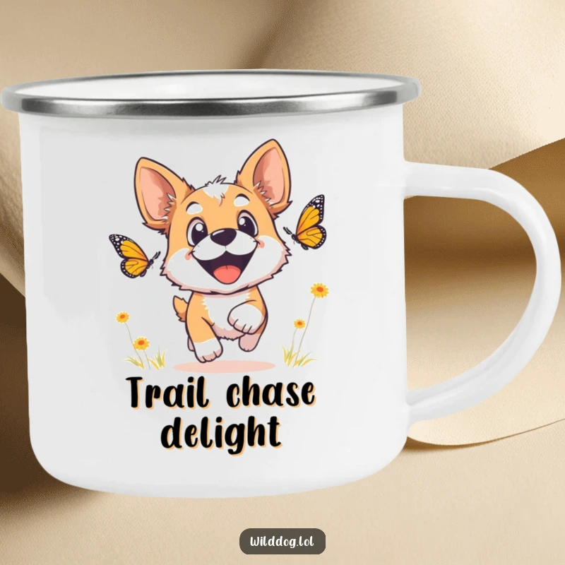 Funny wild dog camping mug, an enamel cup with a joyful dog chasing a butterfly, perfect for outdoor enthusiasts.