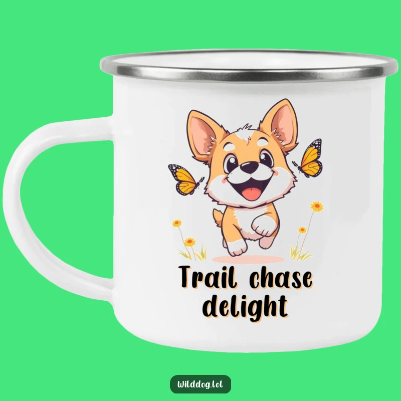 Funny Wild Dog Camping Mug: Joyful Chase Enamel Cup, Outdoor Adventure Gift