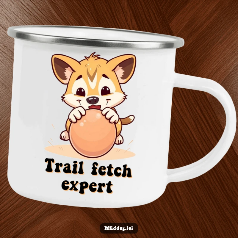 Funny camping mug with a wild dog puppy playfully pouncing on a rolling ball, perfect for drinks anywhere.