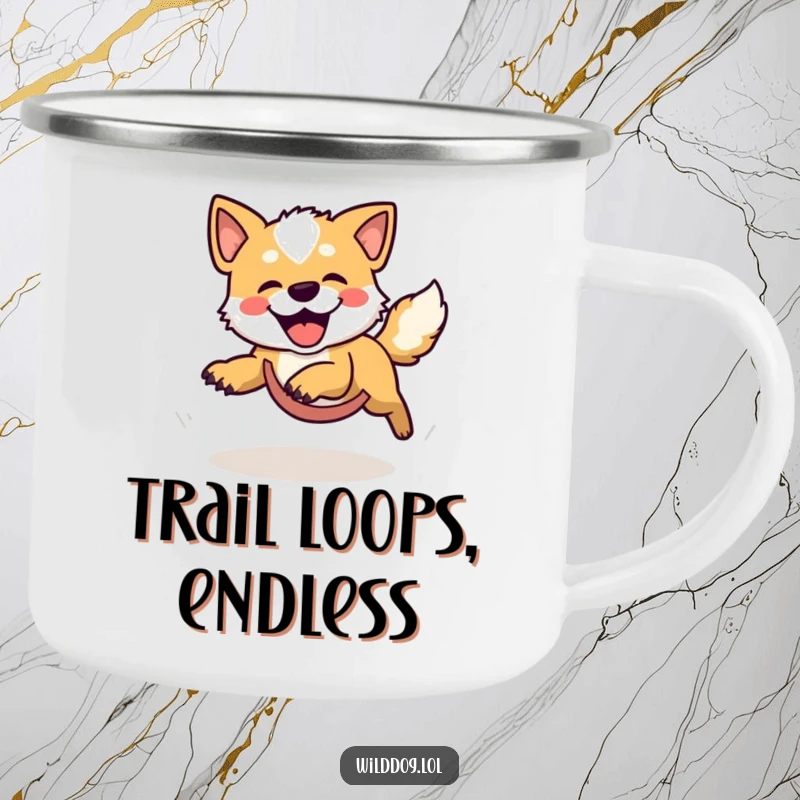 Funny camping mug illustration of a wild dog hilariously chasing its tail in a joyful, dizzying circle amidst a scenic outdoor setting.