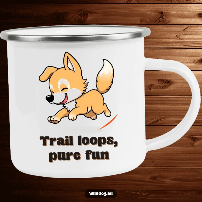 Funny wild dog camping mug showing a dog chasing its tail, great for outdoor enjoyment and humorous play.