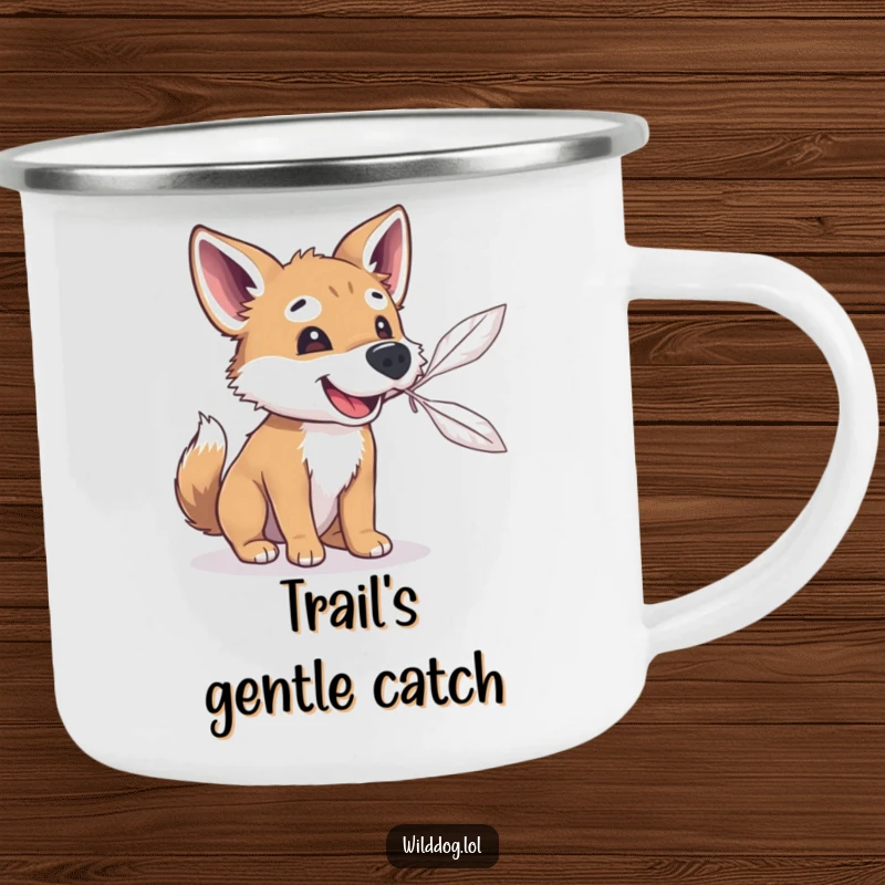 Funny wild dog’s snout trying to catch a floating feather, durable camping mug for humorous outdoor drinks and enjoyment.