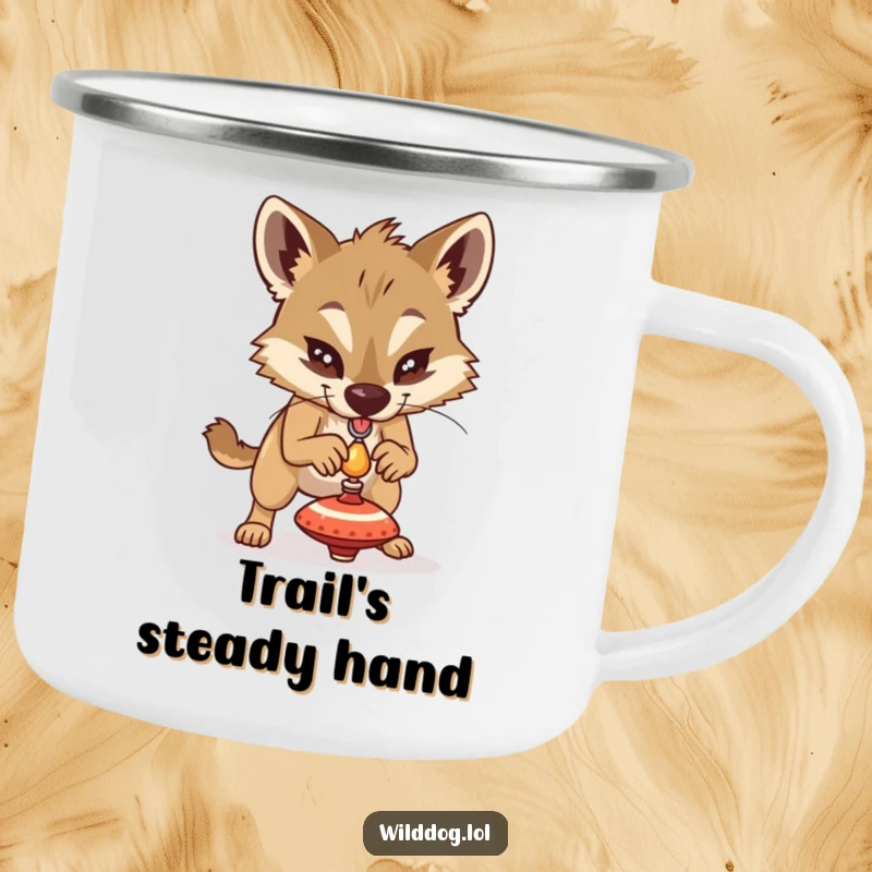 Funny wild dog determinedly balancing a tiny spinning top, durable camping mug for humorous outdoor drinks and focus.