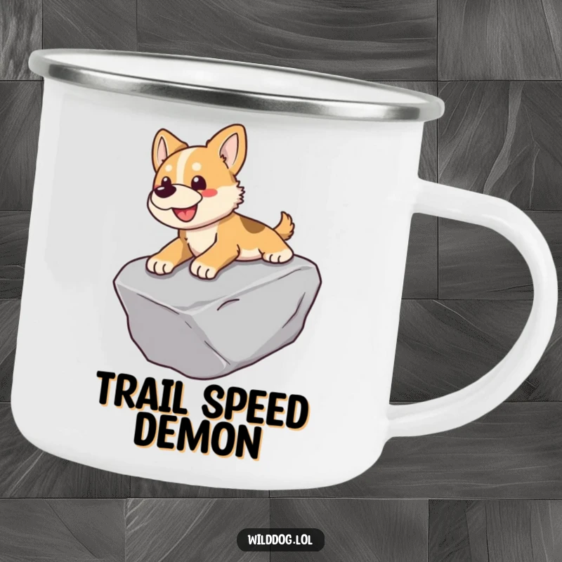 Funny camping mug showing a wild dog gleefully sliding down a smooth rock.