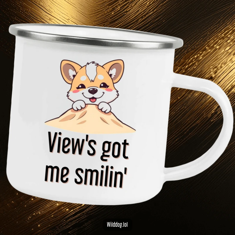 Funny wild dog with a silly grin peeking over a small hill on a durable camping mug, ready for the outdoors.