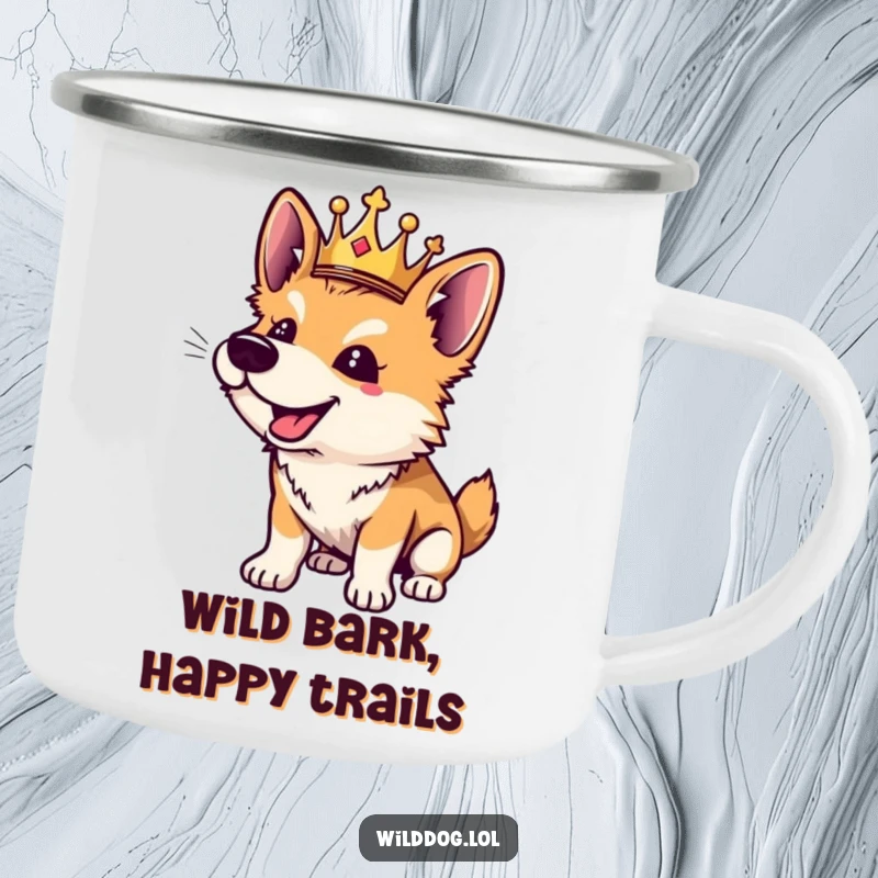 Funny wild dog camping mug, an enamel cup with a playful crowned dog barking, perfect for outdoor enthusiasts.