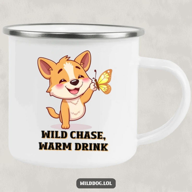 Funny camping mug with a wild dog character grinning as it chases a shimmering butterfly.