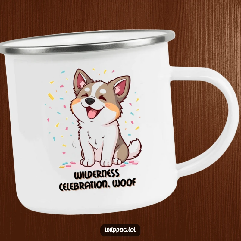 Funny camping mug featuring a wild dog joyfully scattering colorful confetti, ideal for outdoor breaks and festive beverages.