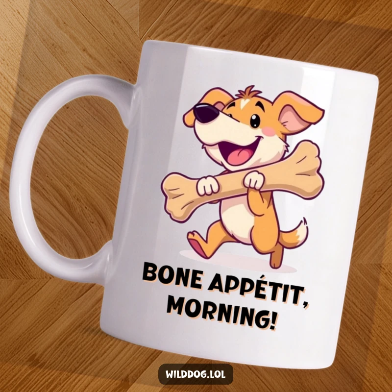 Funny wild dog mug featuring a happy dog proudly carrying a very large bone, symbolizing pure joy.