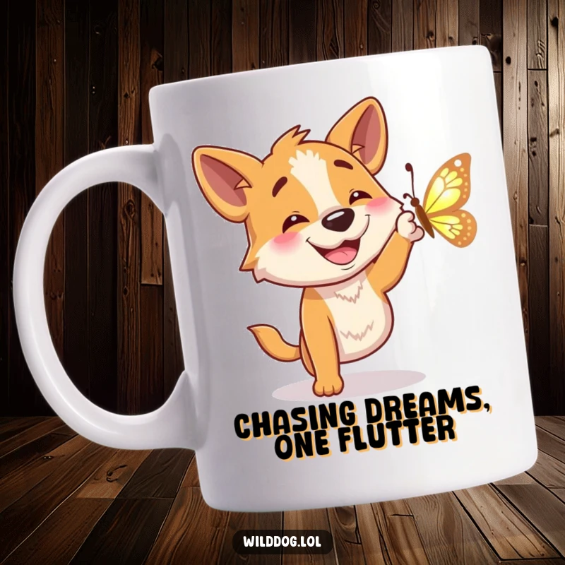 Funny mug with a happy grinning wild dog character joyfully attempting to catch a shimmering butterfly in mid-air.