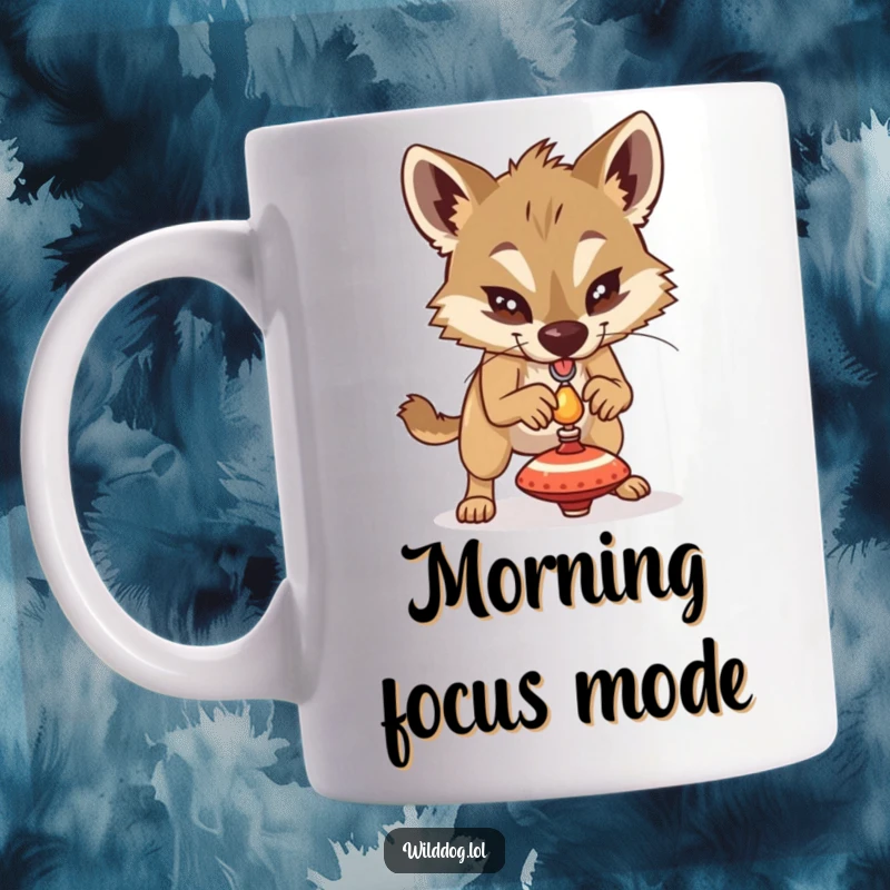 Funny wild dog with an intense expression, attempting to balance a small, spinning top on its nose or paw. Focused effort.