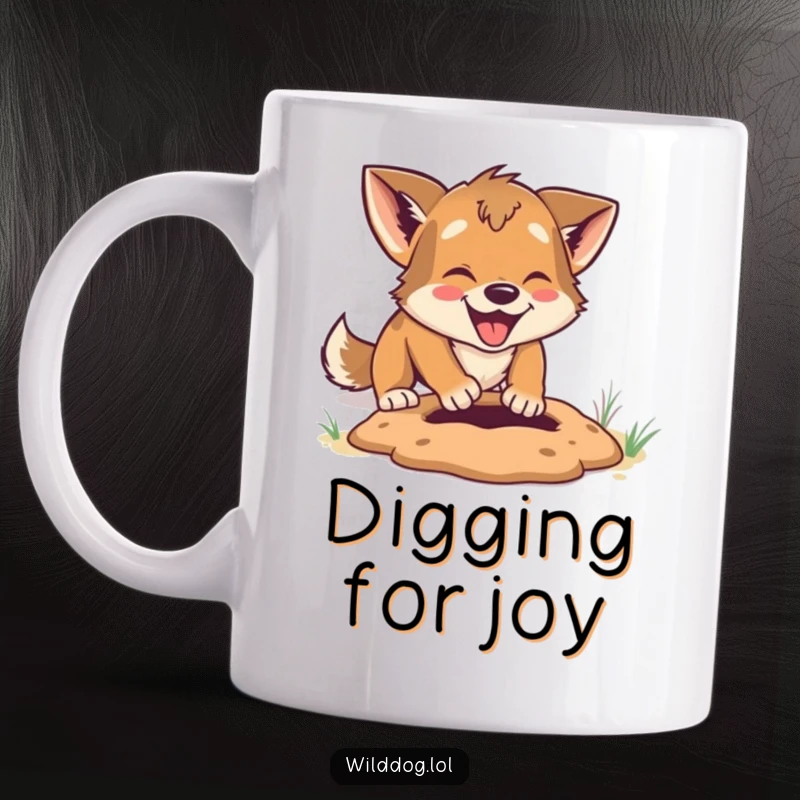 Funny Mug: Wild dog enthusiastically digging a small hole, showcasing playful energy and humor.