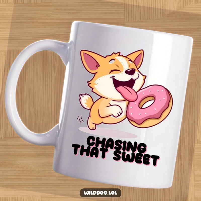 Funny mug featuring a joyful dog with its tongue out, hilariously chasing after a rolling donut with pure excitement.
