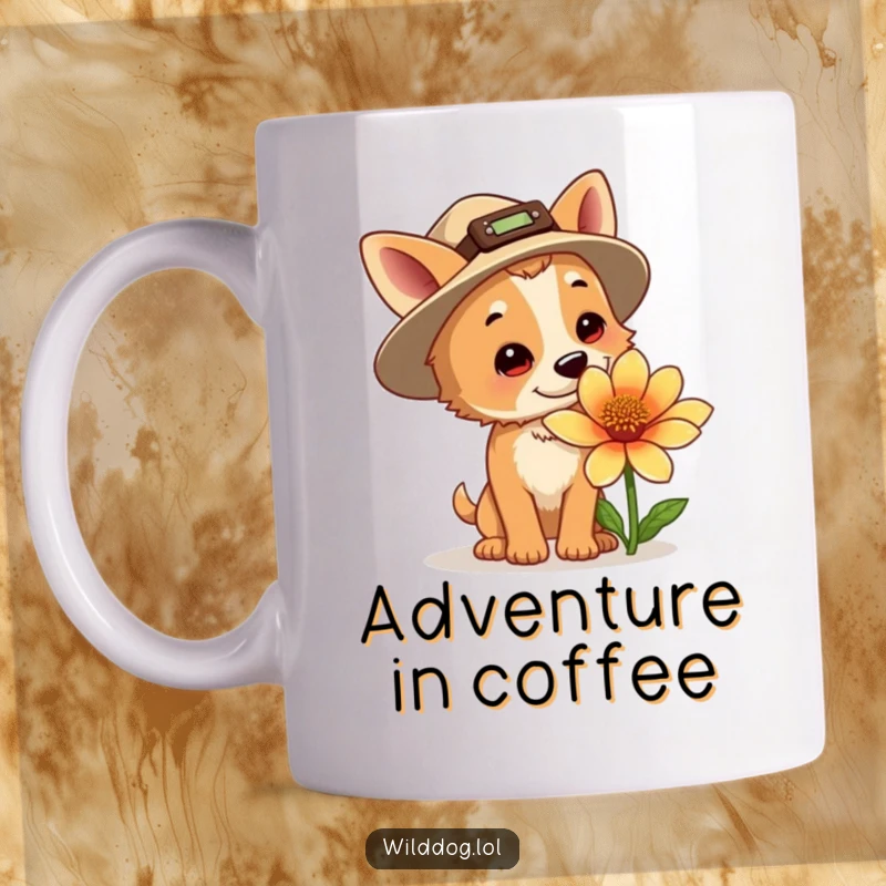 Funny explorer dog mug, a dog in a small hat sniffing a huge flower, ready for adventure and coffee.