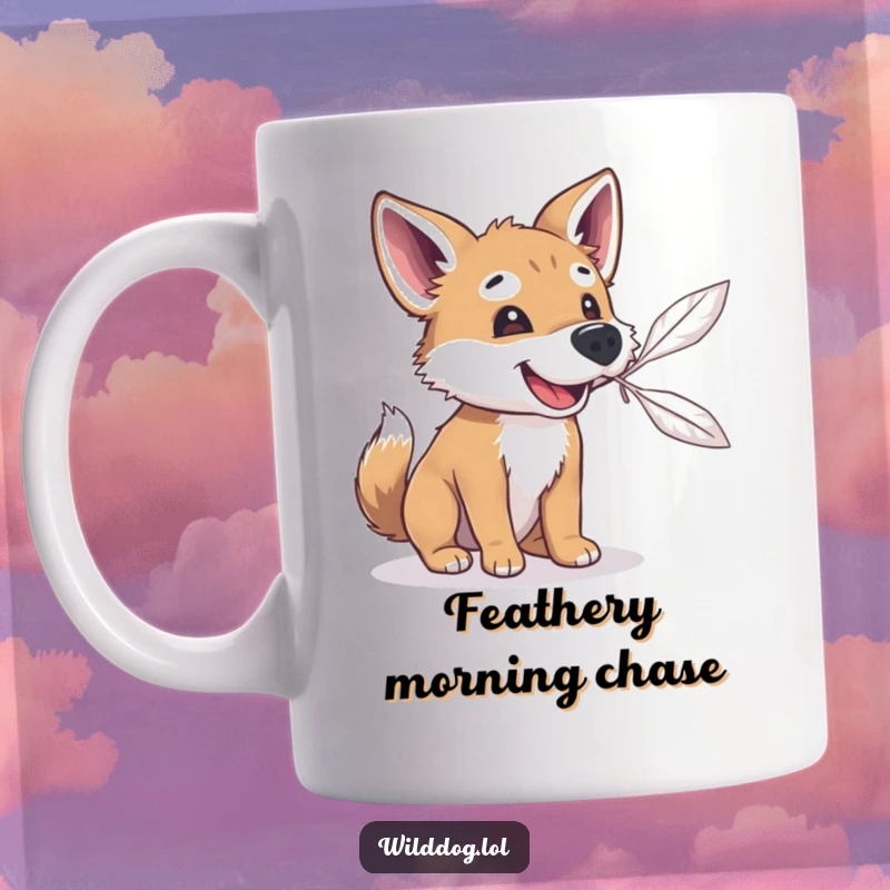 Funny wild dog focused intently, snout up mid-air, trying to catch a delicate floating feather. Playful and charming.