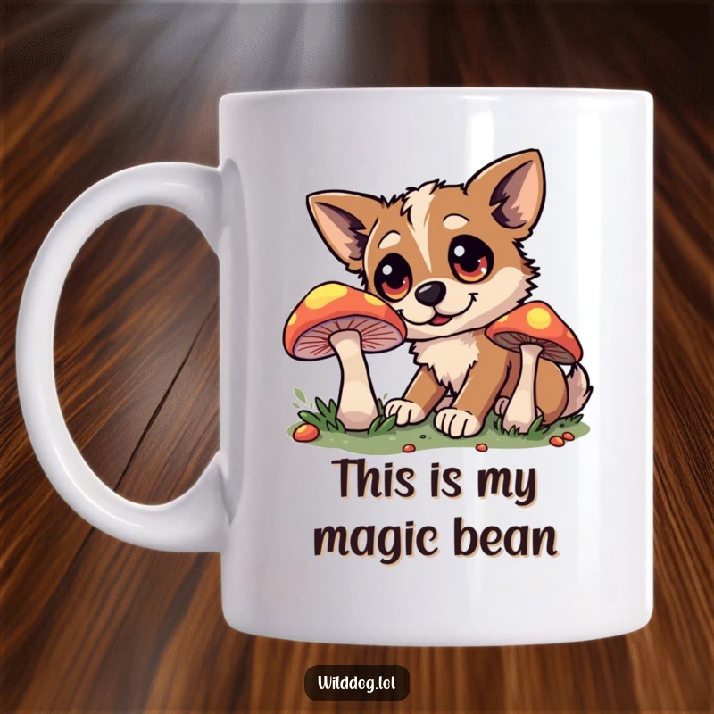 Funny mug showing a wild dog with huge eyes cautiously inspecting a brightly glowing mushroom in a dark forest.