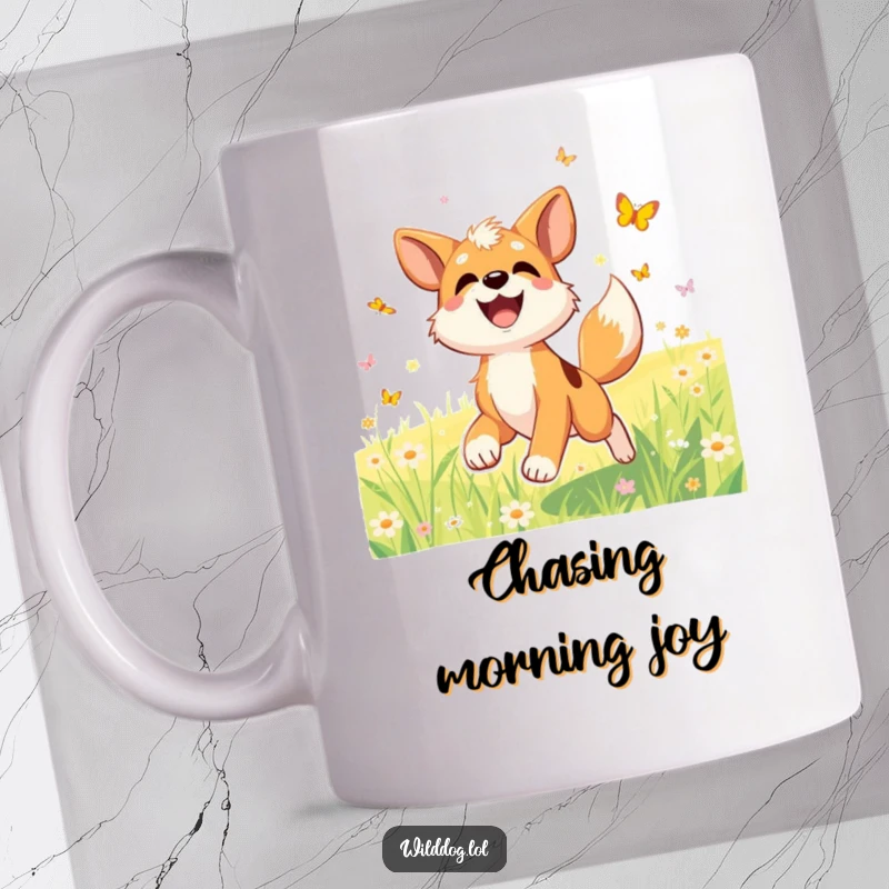 Funny mug featuring a joyful wild dog character with a wagging tail, happily chasing colorful butterflies in a sunlit meadow.