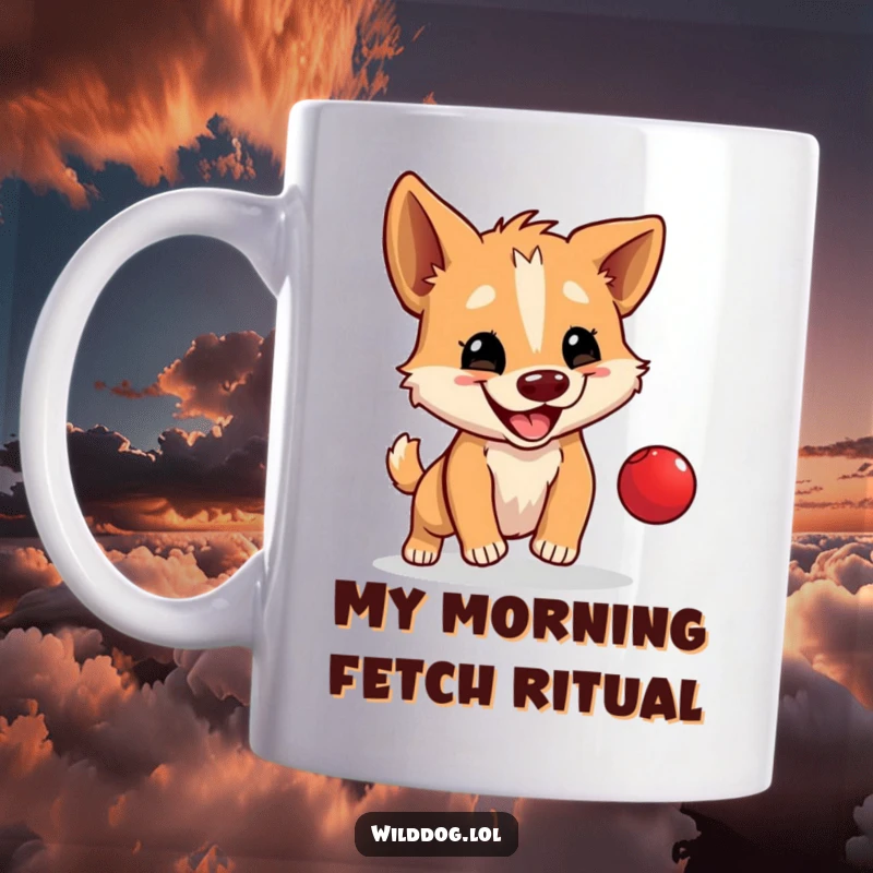 Funny mug with a wild dog happily bouncing a tiny red ball, a playful and humorous accessory.