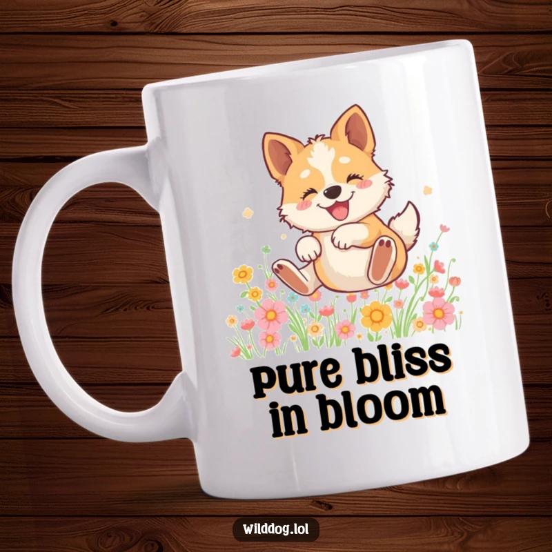 Funny mug showing a happy wild dog joyfully rolling amongst colorful flowers, embodying carefree bliss and vibrant energy.