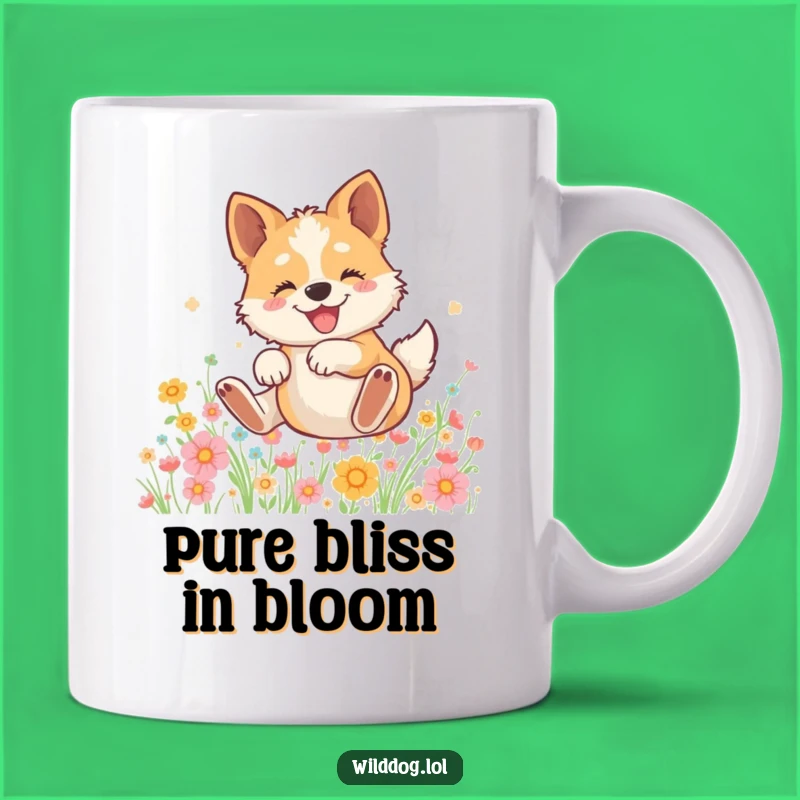 Funny Wild Dog Bliss Mug: Joyful Flower Rolling Design, Perfect Gift for Dog Lovers