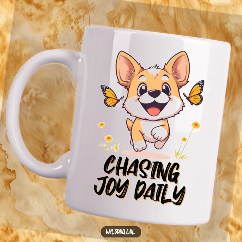 Funny wild dog mug featuring a dog with wide, joyful eyes enthusiastically chasing a colorful butterfly.