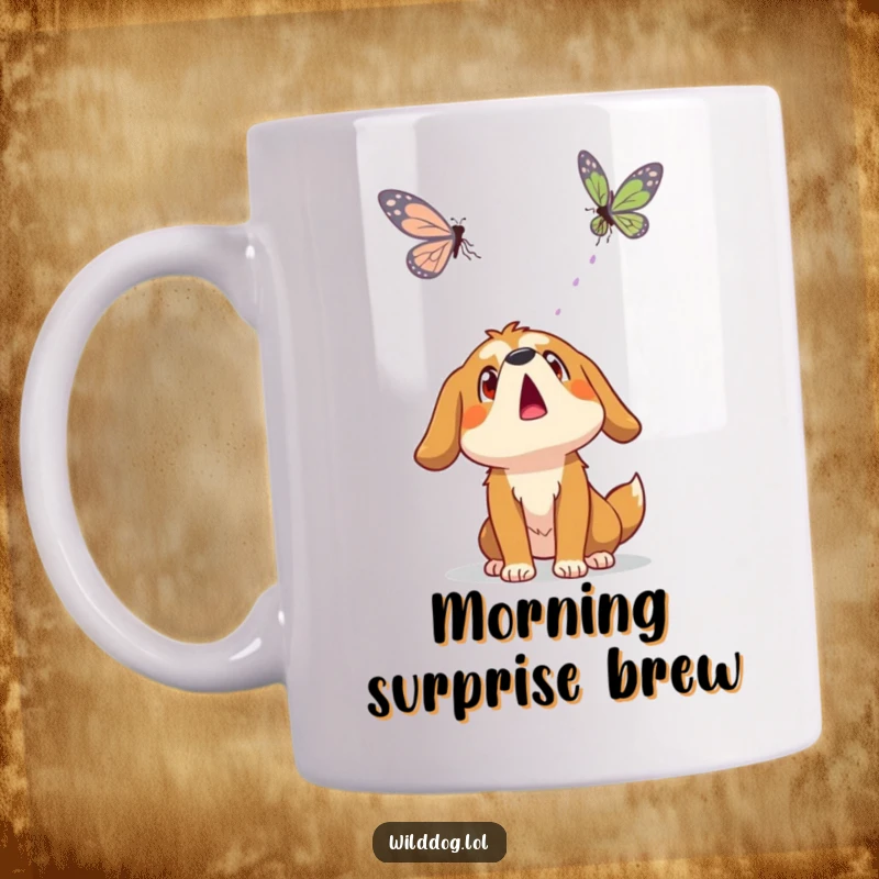 Funny wild dog character with a surprised expression, looking up in awe at a delicate floating butterfly.