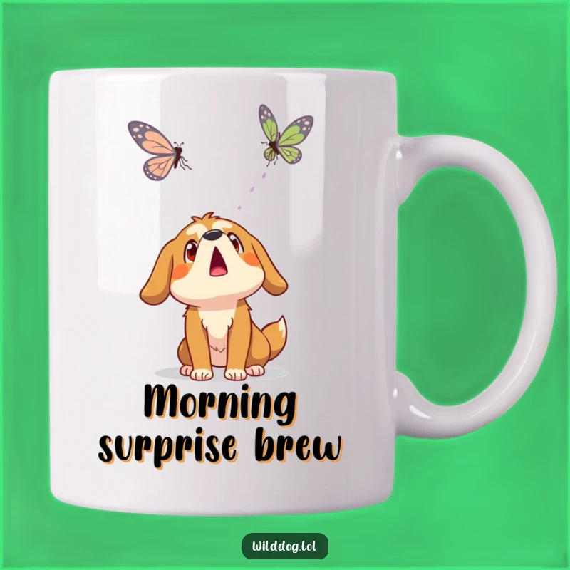 Funny Wild Dog Butterfly Mug: Surprised Wonder, Whimsical Moment, Perfect Gift