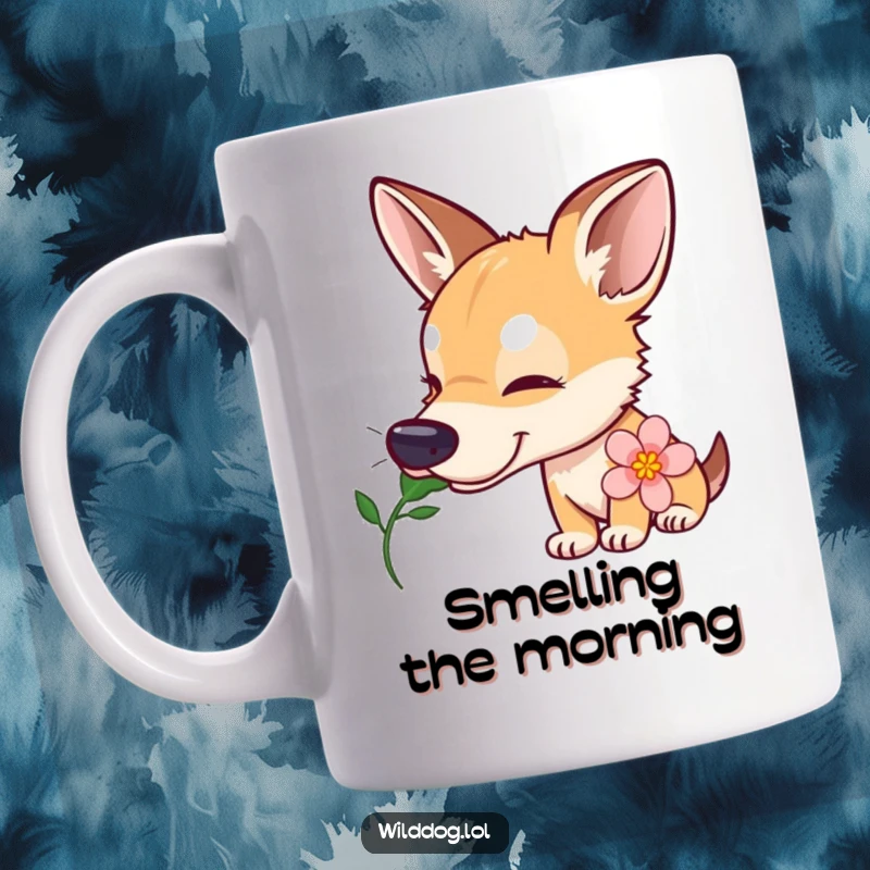 Funny wild dog mug showing a curious canine with a tilted head gently sniffing a blooming flower, expressing innocent wonder.