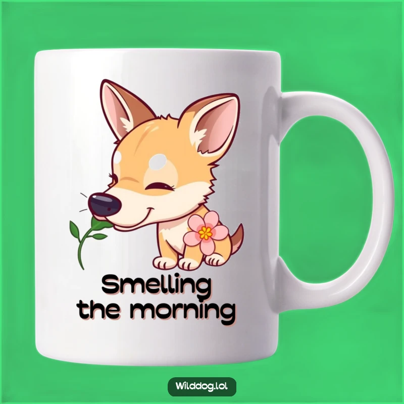 Funny Wild Dog Flower Mug: Curious Pup Sniffing Bloom, Perfect Gentle Gift!