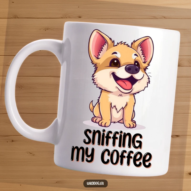 Funny Wild Dog Mug: A happy wild dog sniffs the air with pure curiosity and delight, captured on this charming mug.
