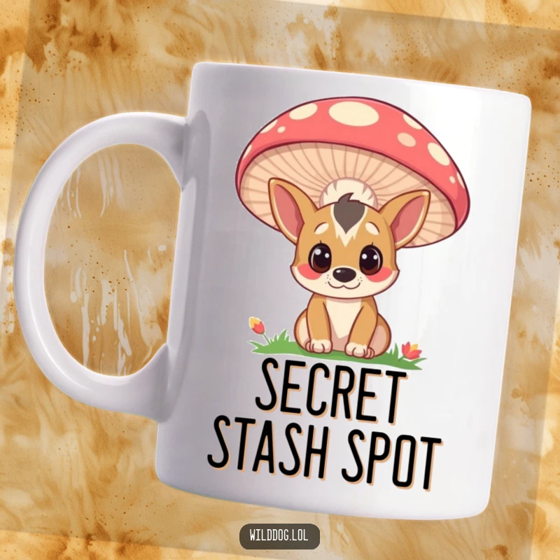 Funny mug featuring a curious wild dog with wide eyes, peeking from behind a vibrant, oversized mushroom, exuding adorable charm.