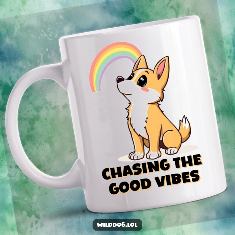 Funny wild dog wagging its tail, looking up at a vibrant rainbow, symbolizing joy and hope. Great funny gift mug.