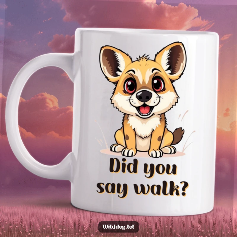 Funny mug depicting a wild dog with comically wide eyes, mouth slightly open, conveying a moment of sudden, playful surprise and wonder.