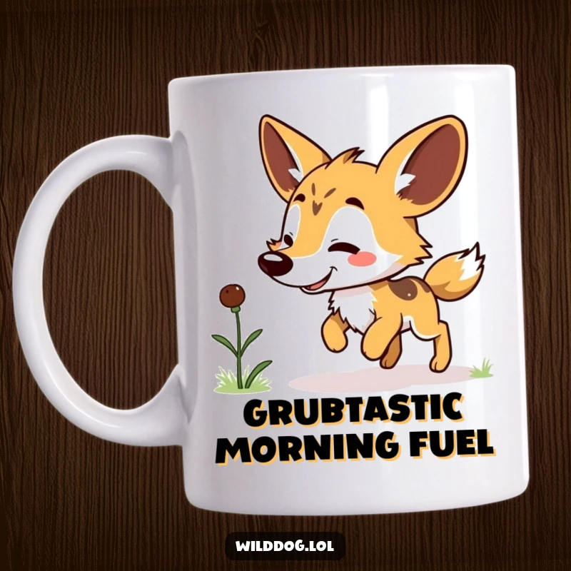 Funny Kawaii Wild Dog Mug: A happy dog doing a little hop after spotting a grub, capturing pure excitement, perfect for gift-giving.