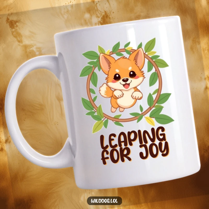 Funny wild dog mug showing an energetic canine playfully leaping through a hoop constructed from natural leaves, embodying agility and fun.