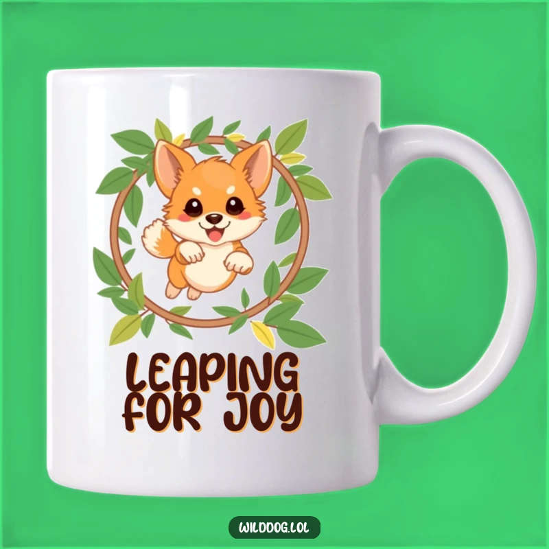 Funny Wild Dog Hoop Mug: Playful Pup Jumping Leaves, Perfect Athletic Gift!