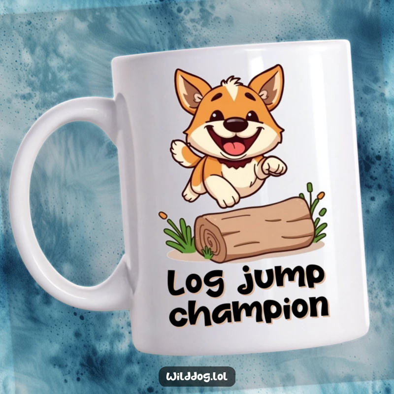 Funny wild dog with a big grin, joyfully leaping over a small log, captured on a mug.