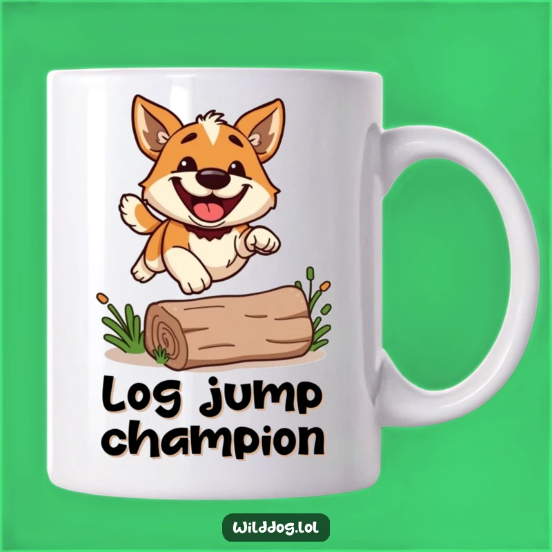 Funny Grinning Dog Leap Mug: Joyful Log Jumper Humor Gift