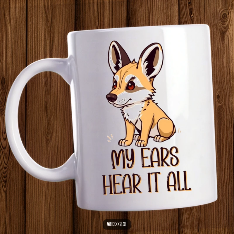 Funny Mug: Wild dog with perked ears, listening intently to a distant sound, conveying curiosity and humor.