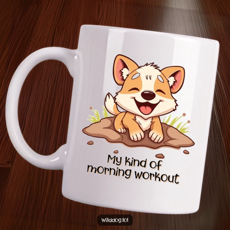 Funny Mug: A wild dog joyfully digs a hole with unrestrained enthusiasm, showcasing pure canine delight and energetic spirit.