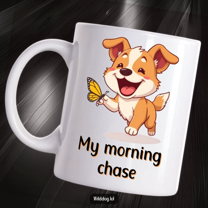 Funny wild dog mug showing a happy canine with a huge grin joyfully chasing a delicate butterfly, embodying freedom and delight.