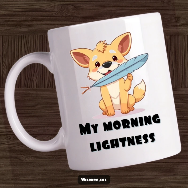 Funny mug showing a serene wild dog with a beaming smile, perfectly balancing a delicate feather on its nose, embodying pure contentment.