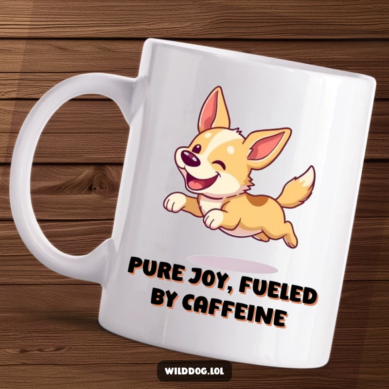 Funny dog mug with a joyful, wild dog mid-leap with ears flapping in pure exhilaration. A hilarious and energetic scene.