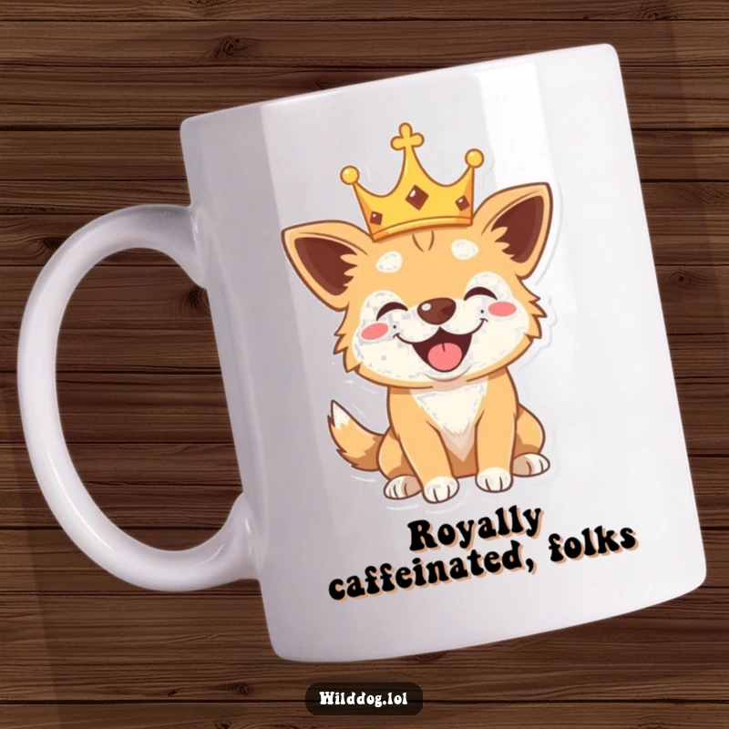 Funny mug featuring a wild dog wearing a tiny crown, barking with playful joy, symbolizing a happy and regal canine spirit.
