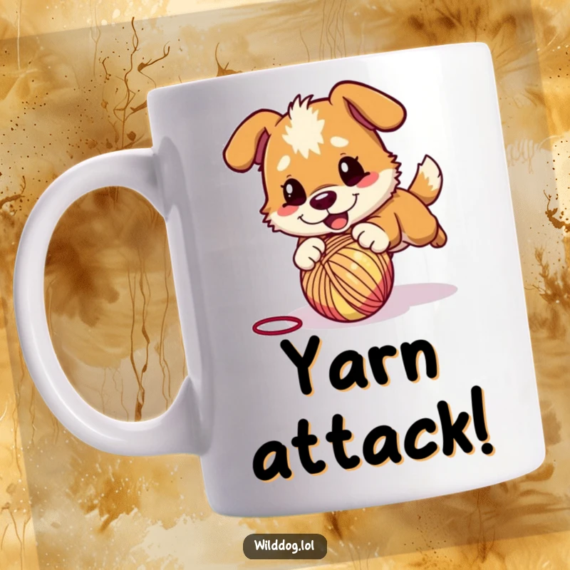 Funny mug showing a wild dog character energetically pouncing on a bouncy ball of yarn, capturing pure playful chaos.