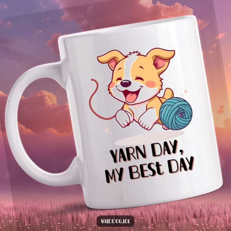 Funny wild dog puppy joyfully chasing a bouncing ball of yarn on a ceramic mug, pure playful energy.