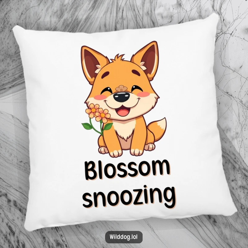 Funny pillow showcasing a delighted wild dog character with a wide grin balancing a flower on its nose, adding a touch of joy.