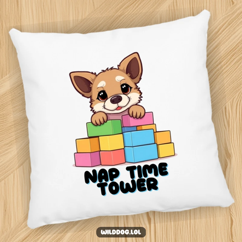 Funny wild dog peeking over a massive stack of colorful building blocks, soft pillow for couch comfort and humorous decor.