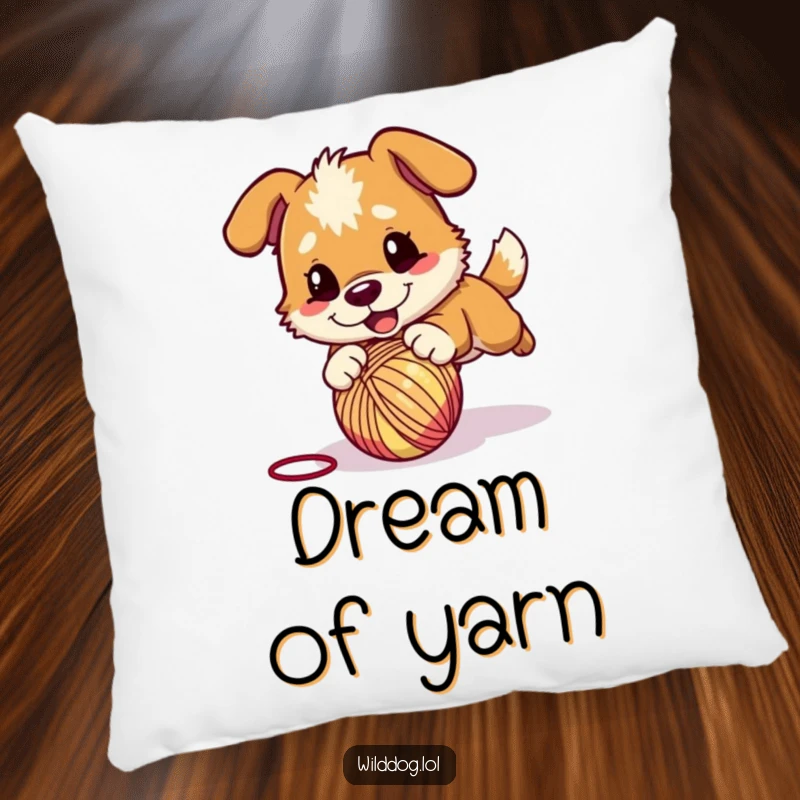 Funny pillow featuring a wild dog character playfully pouncing on a bouncing ball of yarn, adding a touch of energetic charm.